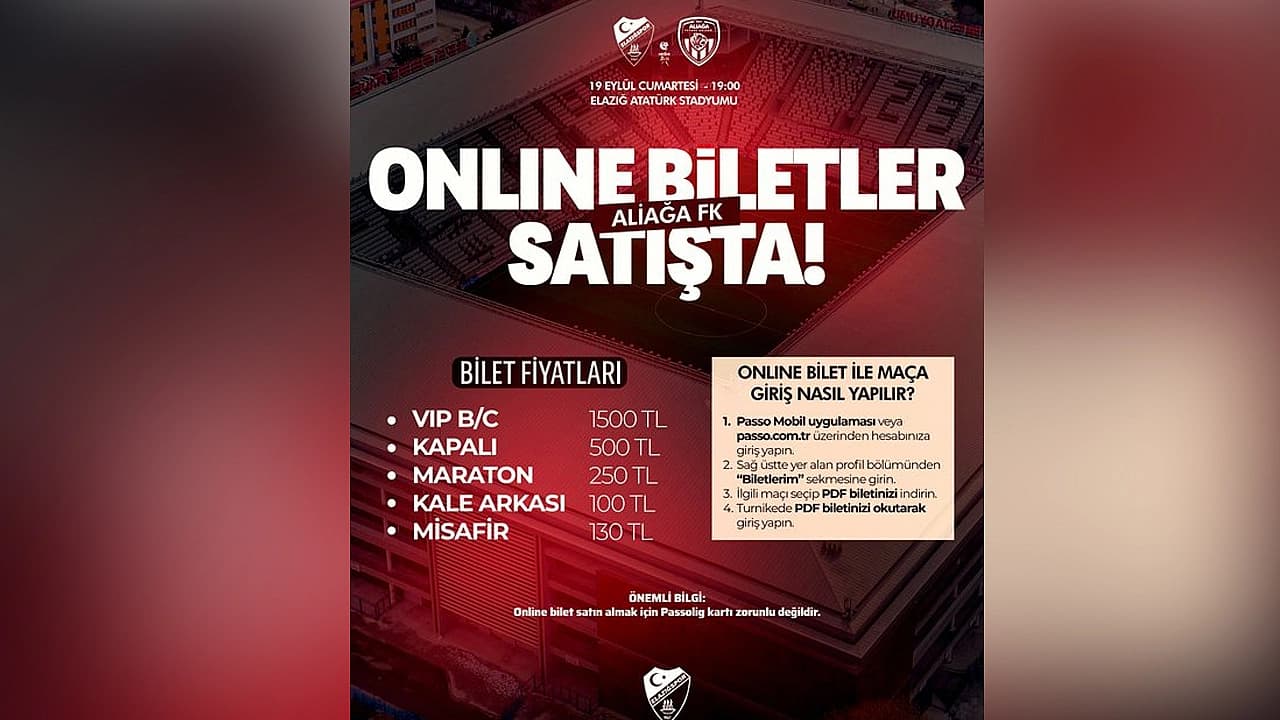 Elazığspor–Aliağa FK maçı biletleri satışta